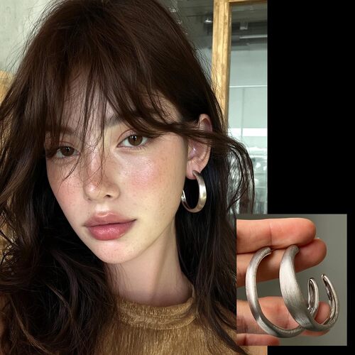 复古港风银色拉丝C形素圈耳环女