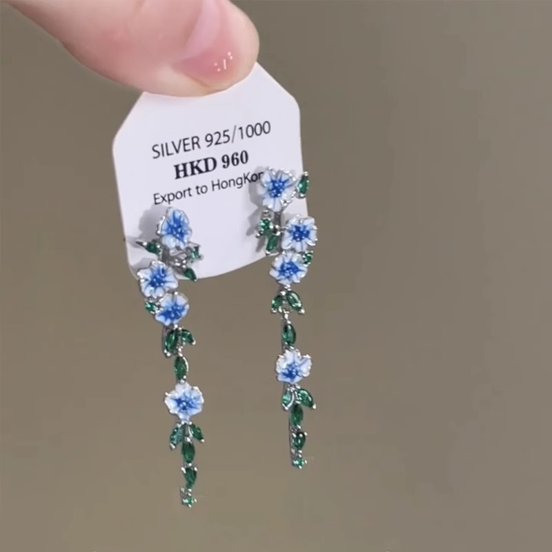 莫奈花园蓝色花朵轻奢流苏耳钉女