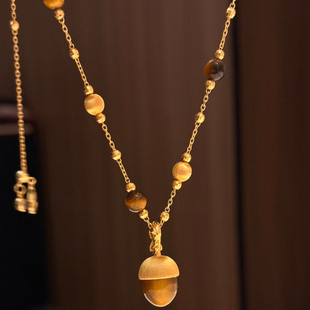 复古美拉德仿虎眼石松果吊坠项链女独特百搭轻奢小众高级感毛衣链