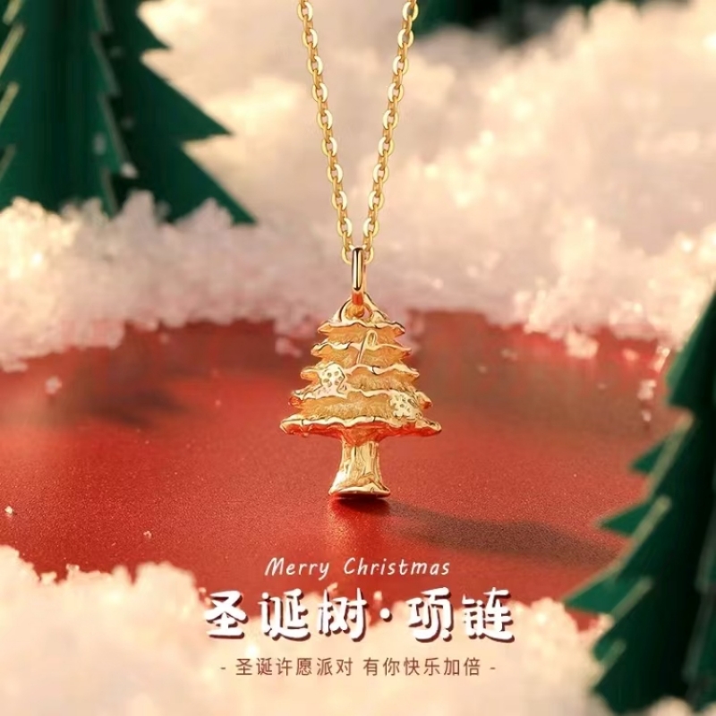 新年金色圣诞树吊坠项链女