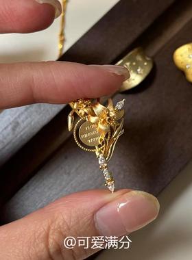 中古金色拉丝百合花秘钥吊坠项链