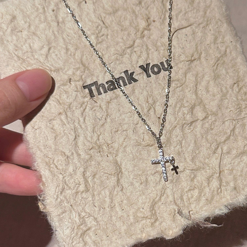 韩系银色双十字架吊坠项链女