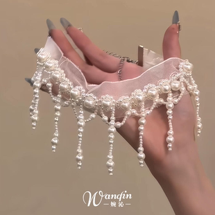 法式复古蕾丝仿珍珠流苏项链女款气质choker颈链高级感锁骨链配饰