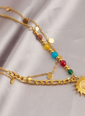法式复古彩色串珠太阳钛钢项链女轻奢小众高级感小圆片叠戴锁骨链