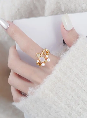 彗星双层镶钻珍珠戒指女小众轻奢百搭气质高级感时尚通勤尾戒指环