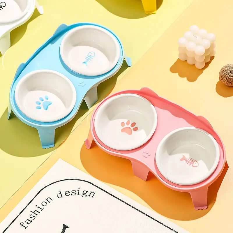 猫碗陶瓷猫食盆猫咪碗宠物碗斜口保护颈椎防打翻双碗喝水喂食一体