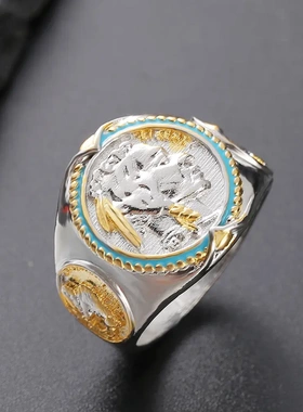 嘻哈双色合金电镀18k黄金戒指西部牛仔印第安人 自由之战维京指环