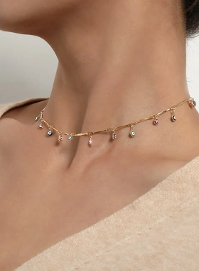 欧美饰品 潮流直管短款眼睛项链女 时尚气质彩色滴釉颈链项饰