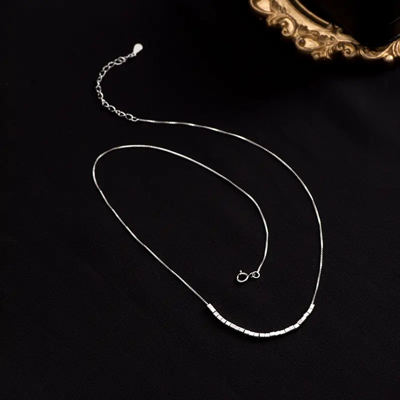 s925银冷淡风小方块项链女几何小众百搭潮流锁骨链韩版韩式