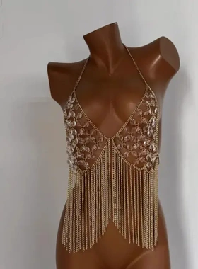 l5053y多层胸链 jewel bra beed bra hain 透明身体链上衣背心