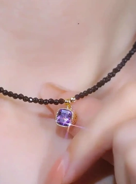 黑色珠子方糖紫水晶项链女气质轻奢小众高级感锁骨链网红百搭颈链