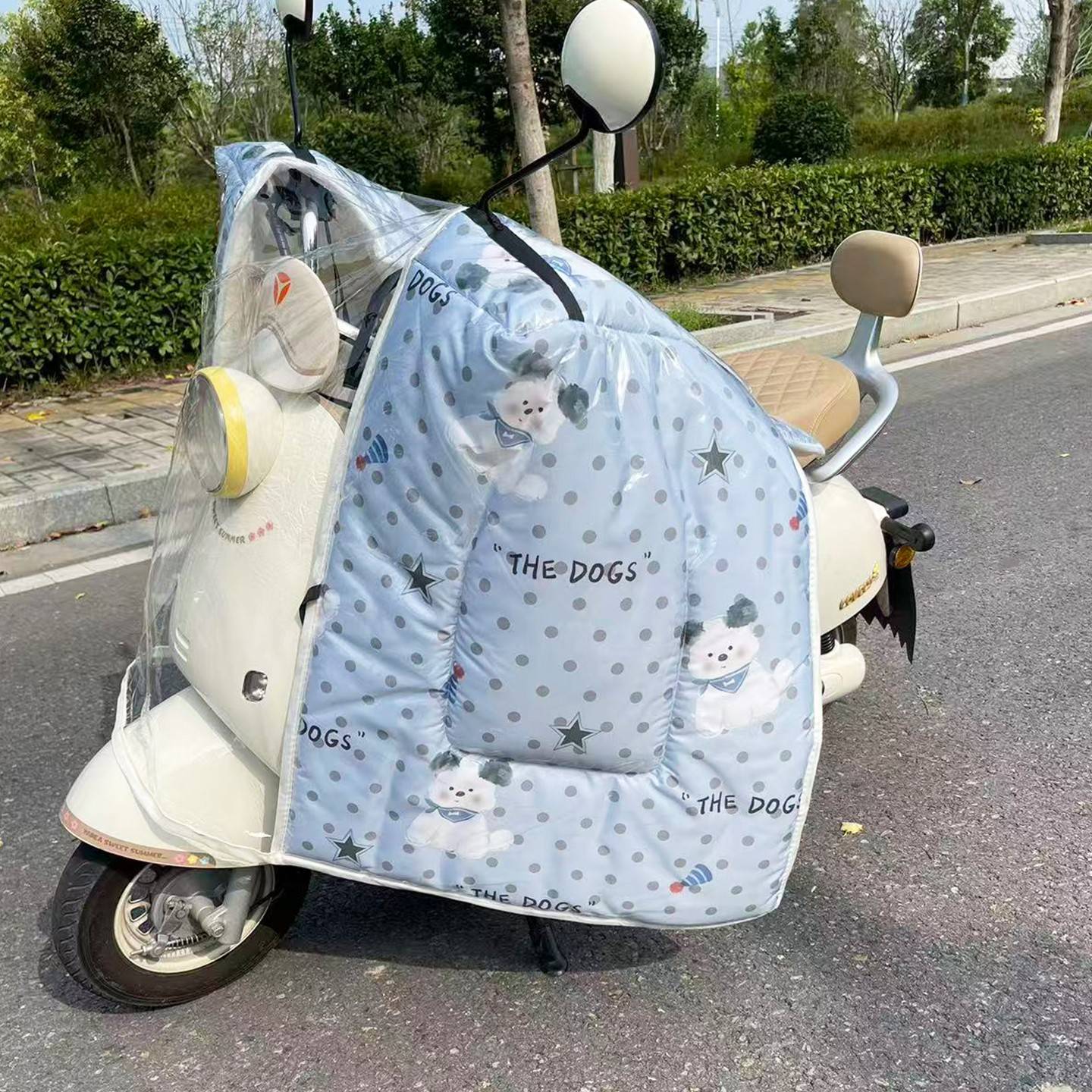 蓝色小狗电动车挡风被冬季全包款覆膜厚防水加绒保暖电瓶车防风罩