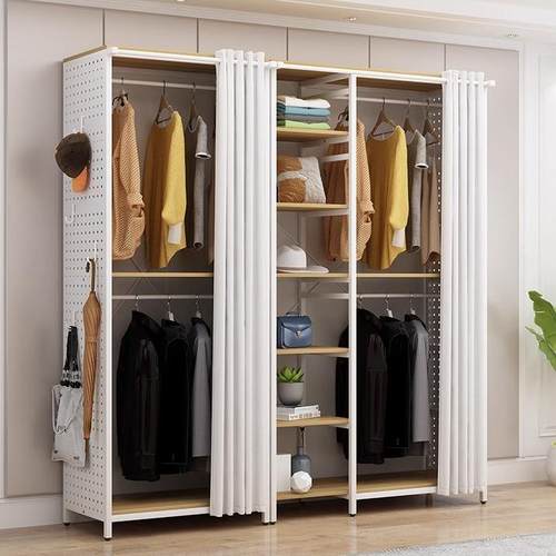 生态板开 放式钢架衣柜金属洞洞板防尘罩帘落地衣帽架双层挂衣柜