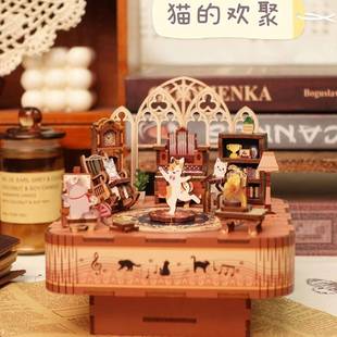 八音盒猫 同趣拼装 欢聚手工diy西西弗音乐盒创意家居模型礼物