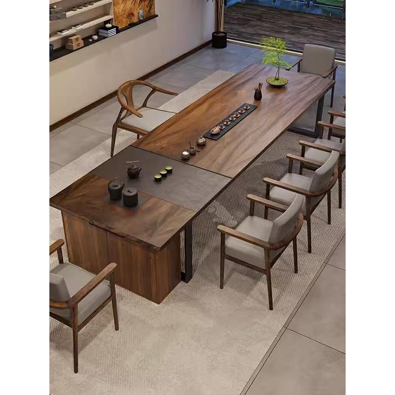 金丝胡桃木茶桌椅组合茶室带茶盘烧水壶嵌入式酒店大堂办公茶台