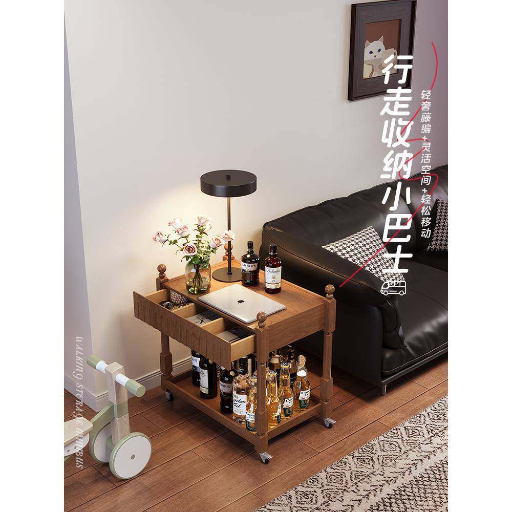 实木咖啡桌小桌子小公寓客厅侧柜家用移动手推车与抽屉沙发侧桌