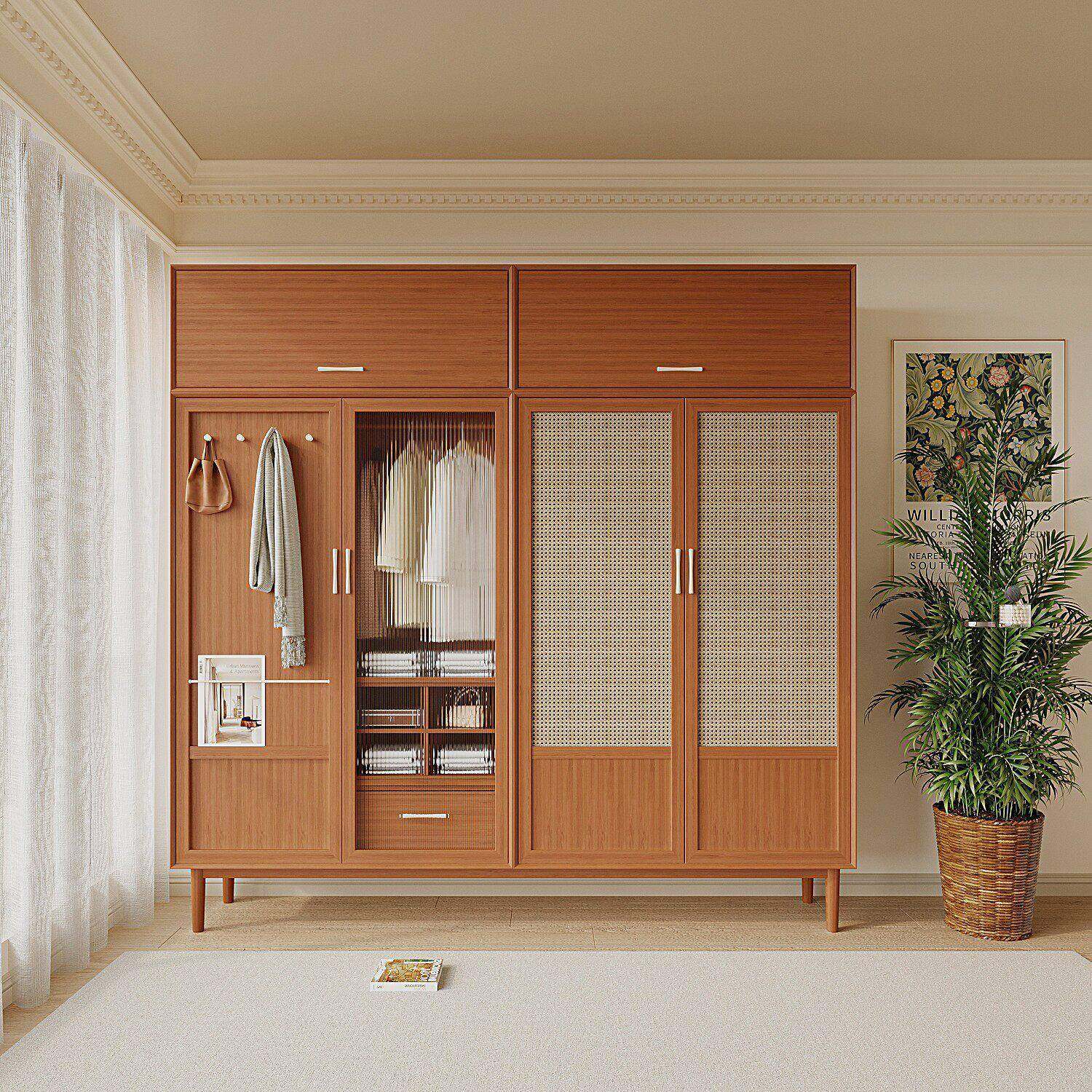 中古风实木藤编衣柜收纳储物柜侘寂风北欧橱柜民宿卧室双门衣帽柜