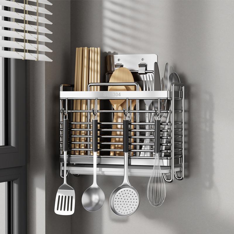 304不锈钢厨房置物架筷子架壁挂式免打孔筷子筒筷子收纳架沥水架