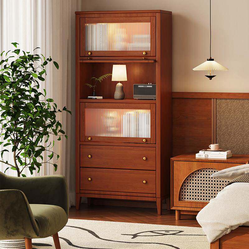 实木书柜防尘玻璃上翻门书架置物架家用客厅落地多层餐边柜收纳柜