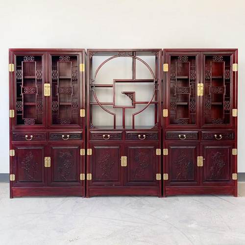 实木书柜中式收纳柜置物架办公室多宝阁花梨木色书架三组合玻璃书