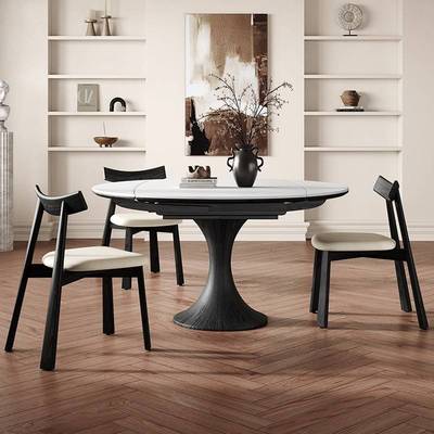 美式中古风实木折叠餐桌伸缩可变圆桌2024新款黑色圆形家庭小户型