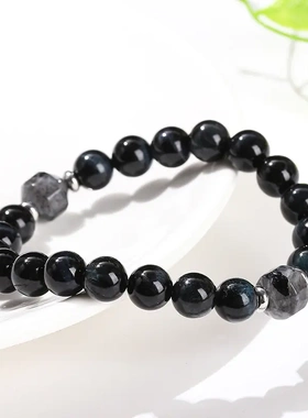 珠宝墨蓝虎眼石黑闪光石转运珠手串男式欧美圆珠手链饰品手工制作