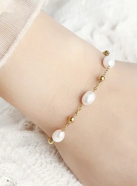 供应amz不锈钢手链半宝石头玛瑙珍珠真空电镀防水不掉色手饰品女