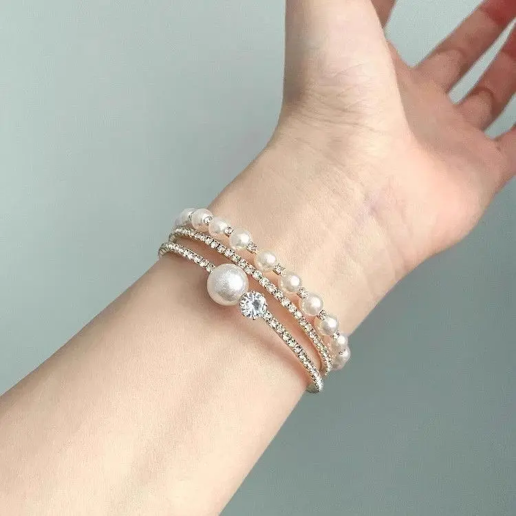 欧美手饰 气质水钻珍珠多层手镯缠绕手环多排珍珠水钻手链女D916