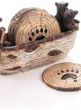 树脂工艺品黑熊划船杯垫套装 手工独木舟杯垫可爱雕像杯垫C00026