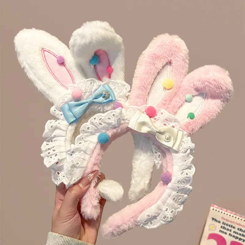 可爱蕾丝结发箍毛绒小兔子耳朵女款压发头箍少儿发卡头饰秋冬发饰