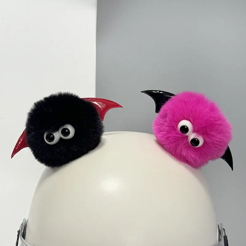 摩托车头盔配饰毛绒恶魔角大眼电动车少儿盔通用快拆魔术贴批