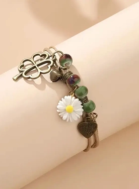 欧美时尚复古波西米亚风四手绳小众日常天然石雏菊字母牌手链合金