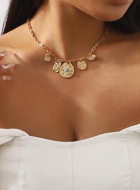 11631跨境新款绿松石星月多吊坠项链 潮酷嘻哈朋克风圆片复古颈链