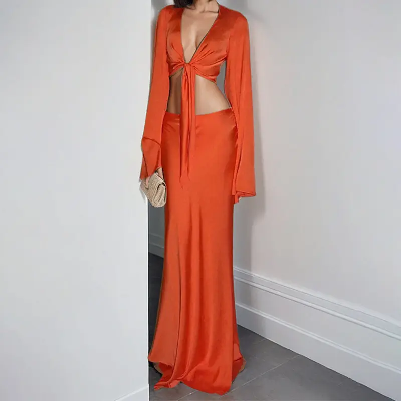 2025欧美风女装新款性感v领连衣裙开叉长袖系带时尚套装女两件套