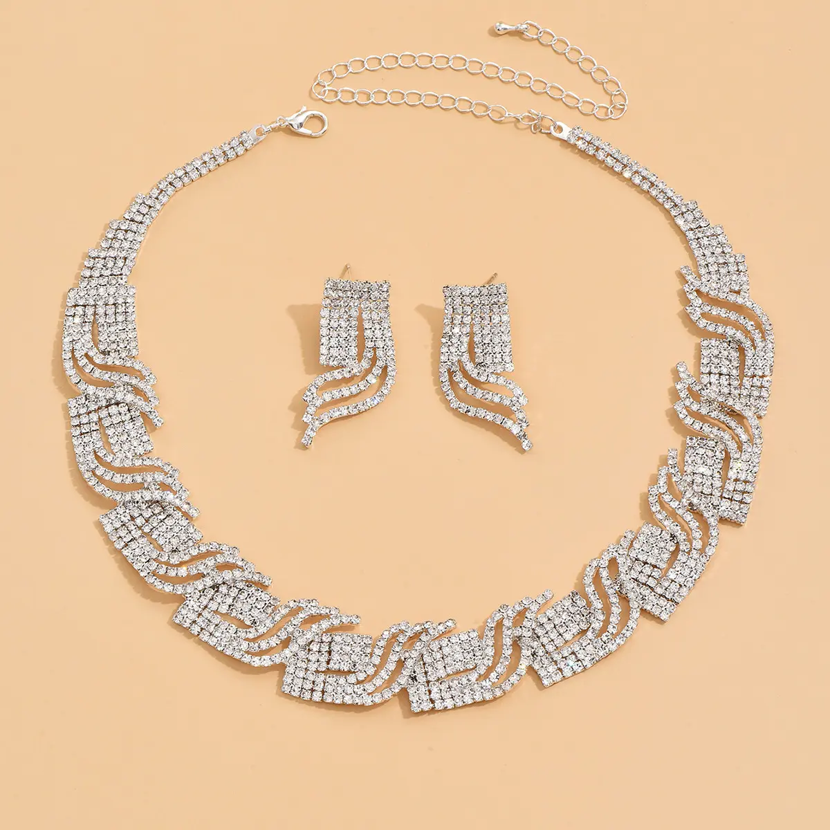 新娘套装欧美婚纱礼服婚庆首饰项链耳环几何套装结婚时尚套链水钻