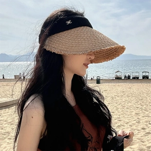 编大帽檐女夏户外出行沙滩游玩遮阳帽透气防晒显脸小帽帽子空顶帽