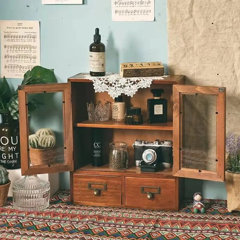 kka木质 桌上办公桌杯子收纳盒化妆品陈列置物架防尘珍藏柜木制