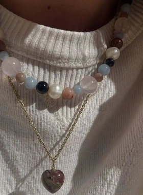 春夏莫兰迪色系天然石撞色珍珠项链度假风时尚清新甜美串珠锁骨女