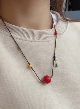 天然朱砂水飞砂转运珠莲花多宝蜜蜡绿松编绳项链毛衣链手工几何型