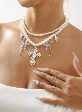 N12274气质小众设计双层仿珍珠项链 欧美个性三叶十字架多层颈链