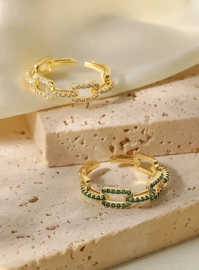 欧美新款18k金铜镶锆锁链开口戒指 小众ins风网红戒指可调节手饰