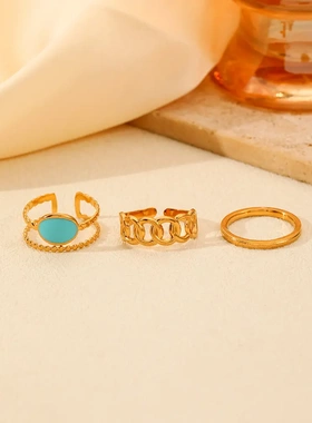 欧美时尚感不锈钢金色开口可调节椭圆滴油链条纹戒指三件套J1033