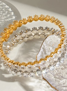 欧美不锈钢白色锆石满锆手镯轻奢百搭钛钢手设计感镯饰品电镀环形