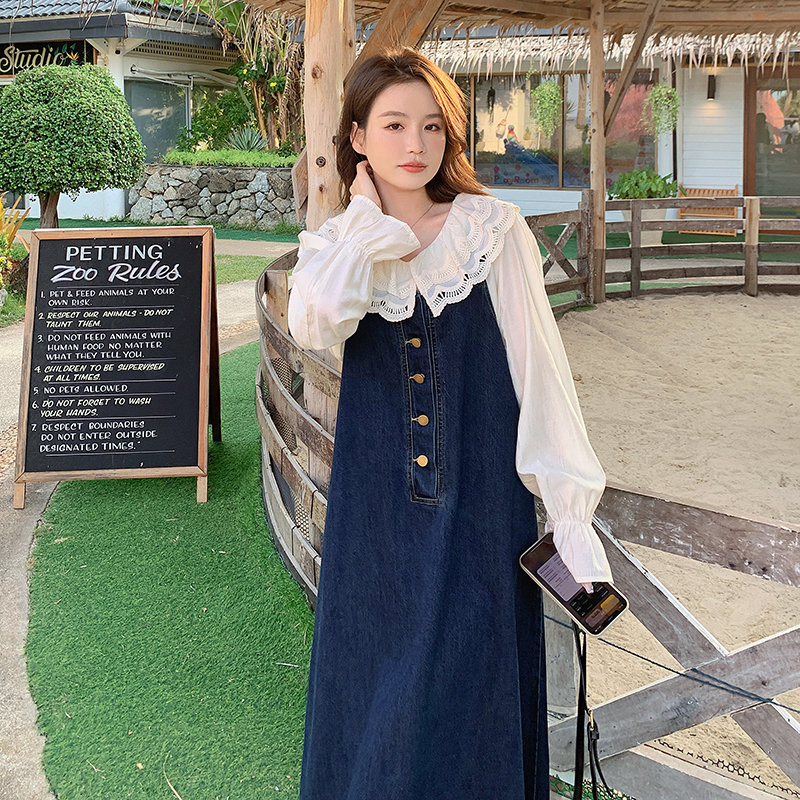 独特别致娃娃领上衣套装裙女春秋款韩系穿搭牛仔吊带连衣裙两件套