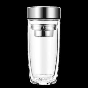 定制姓氏双层鹅蛋玻璃杯商务水杯家用车载茶水分离Q印字logo泡茶