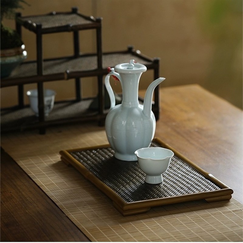 中式竹篾宋f席茶盘 家用干泡壶承功夫茶具长托盘 棕竹茶盘