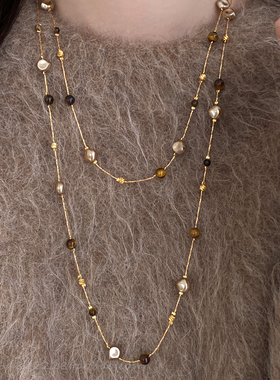 秋冬季美拉德仿虎眼石珍珠项链