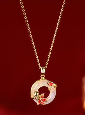 新年红色锦鲤平安扣项链配饰轻