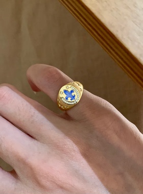 中古vintage珐琅鸢尾花印章戒指