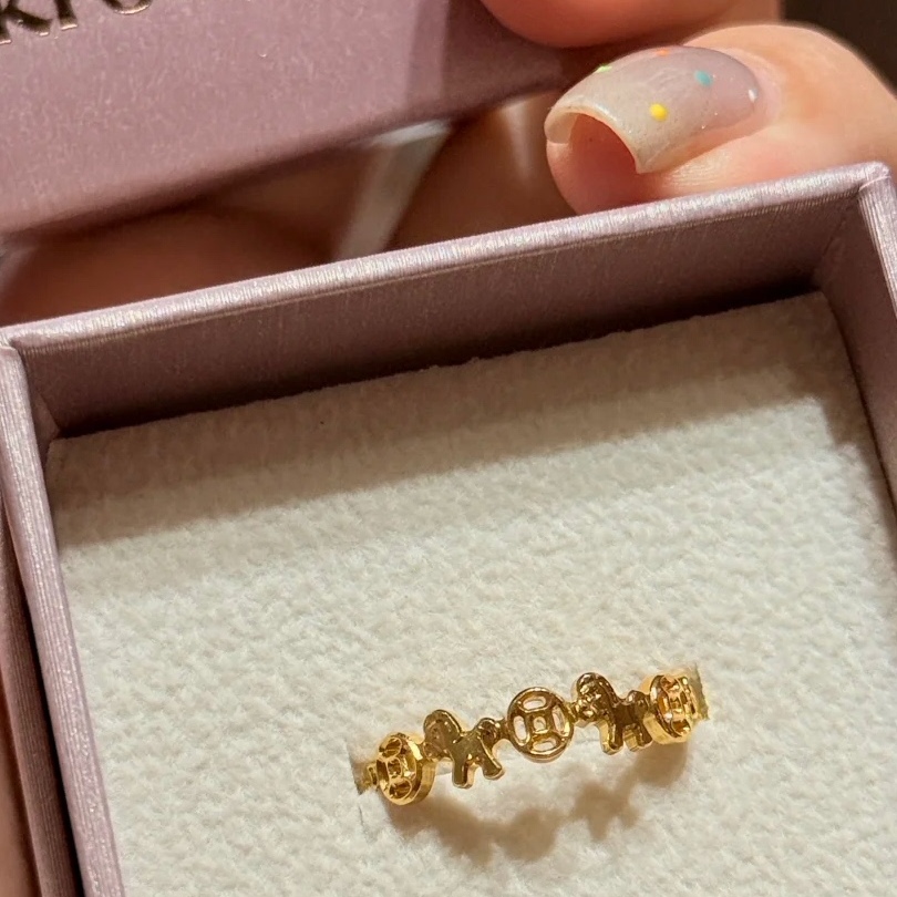 '马上有钱'金色木马铜钱戒指